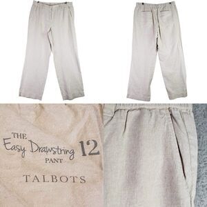 Talbots Pants Womens Linen Resort Flat Front Easy Drawstring Size 12 Khaki